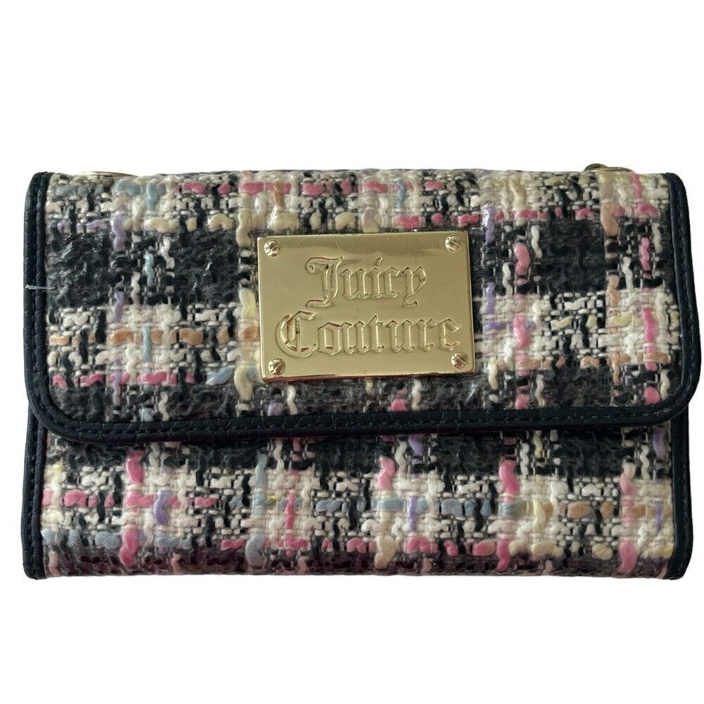 Juicy Couture Wallet Clutch Purse Tweed Plaid Black Pink Missing Chain Strap